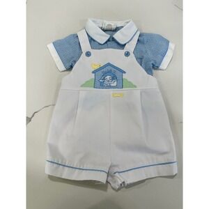 Baby Togs Vintage Puppy‎ Dog Overalls Outfit Romper Blue Gingham Size 6-9M